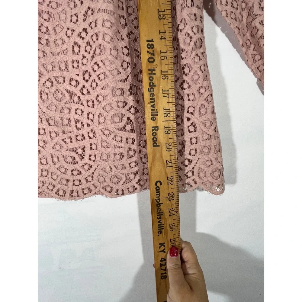 J Crew Women Lace Top 3/4 Sleeve Button Back Sheer Lined Boho Feminine Pink Sz 6